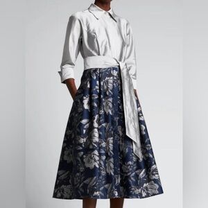 Teri Jon Silver and Blue Cuffed Sleeve Midi Dress